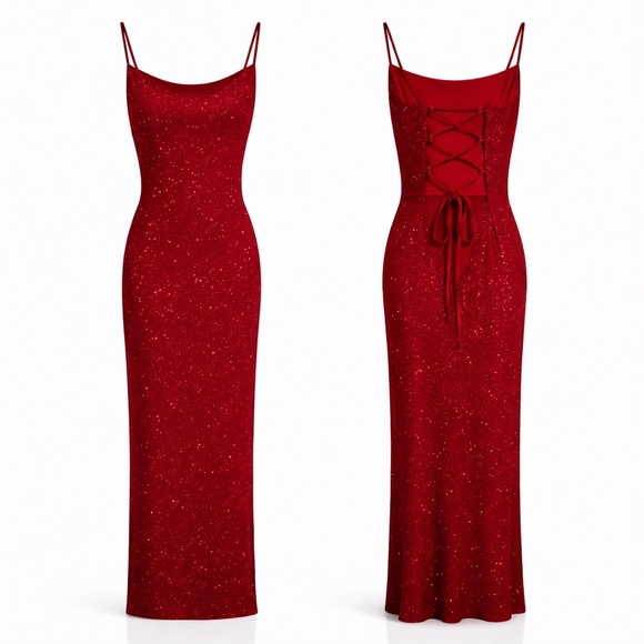 VINTAGE City Triangles Red Glitter Evening Gown – Size Small - Picture 7 of 8